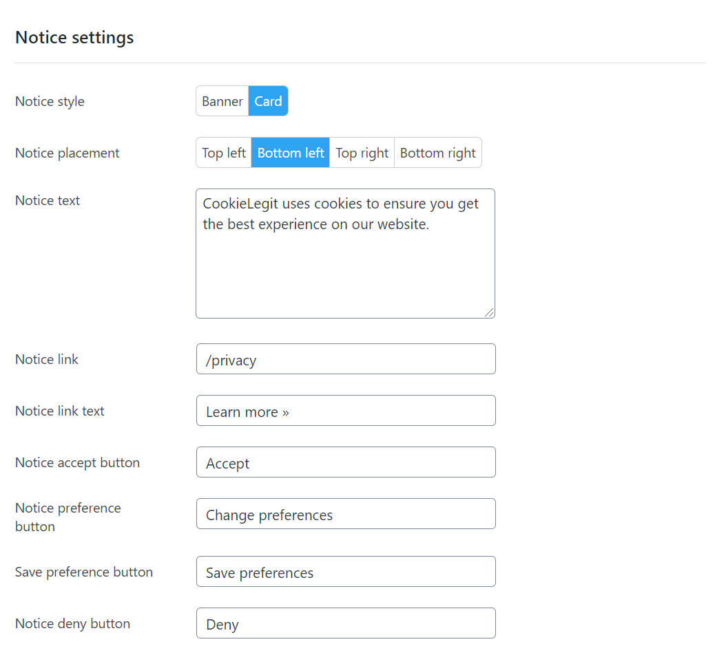 Cookie consent settings banner